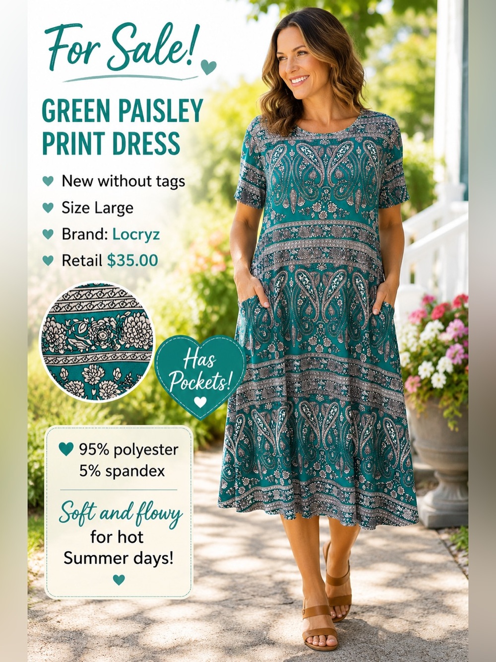 NEW WITHOUT TAGS Green Paisley Dress with Short Sleeves and Pockets—Size Large